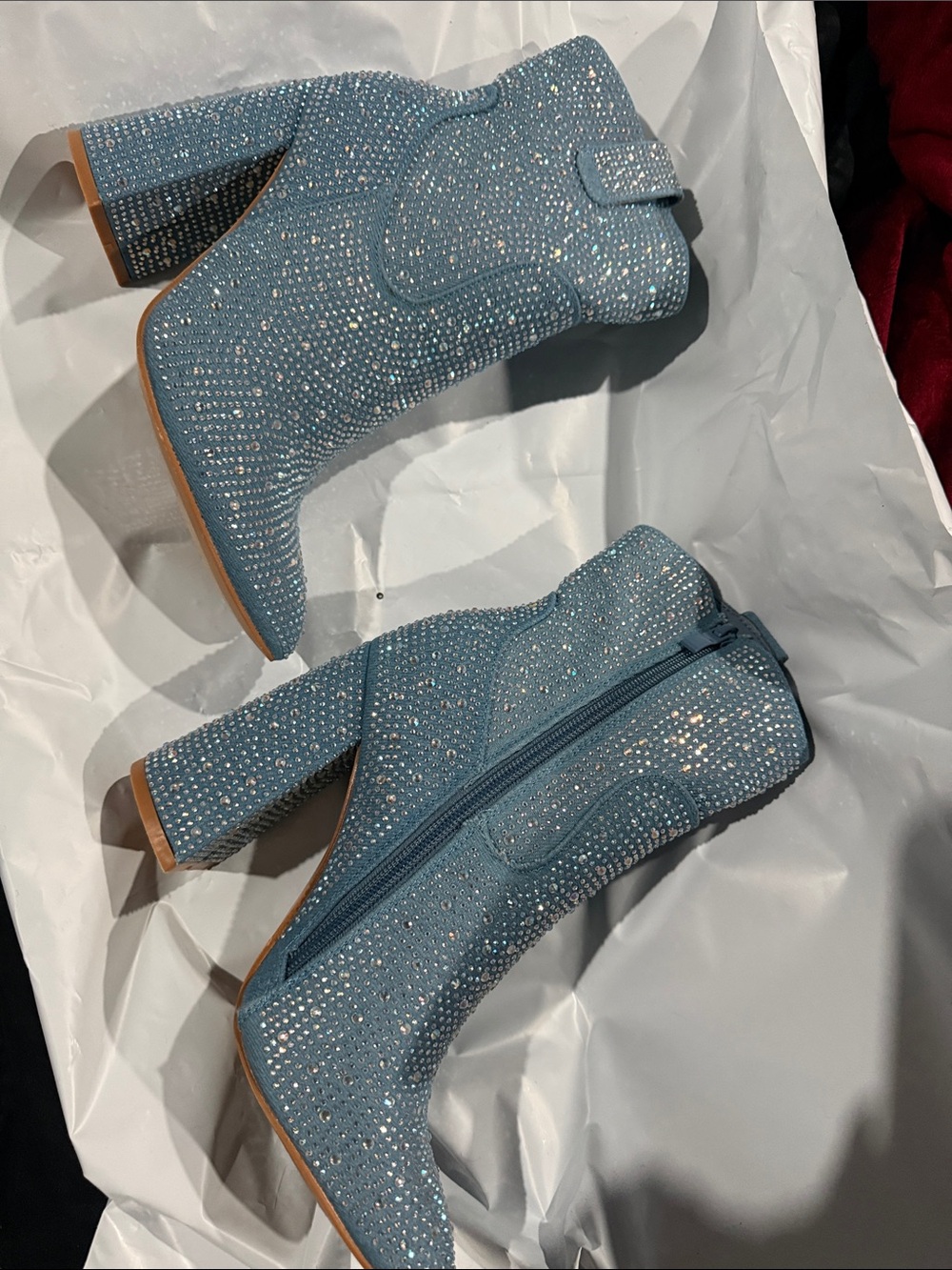 Embellished Light Blue Block Heel Ankle Boots
